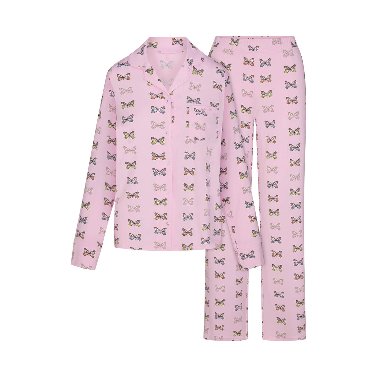 SKIMS SLEEP LONG SLEEVE BUTTON UP SET | PEONY BUTTERFLY PRINT FLAT ON A WHITE BACKGROUND | FLT