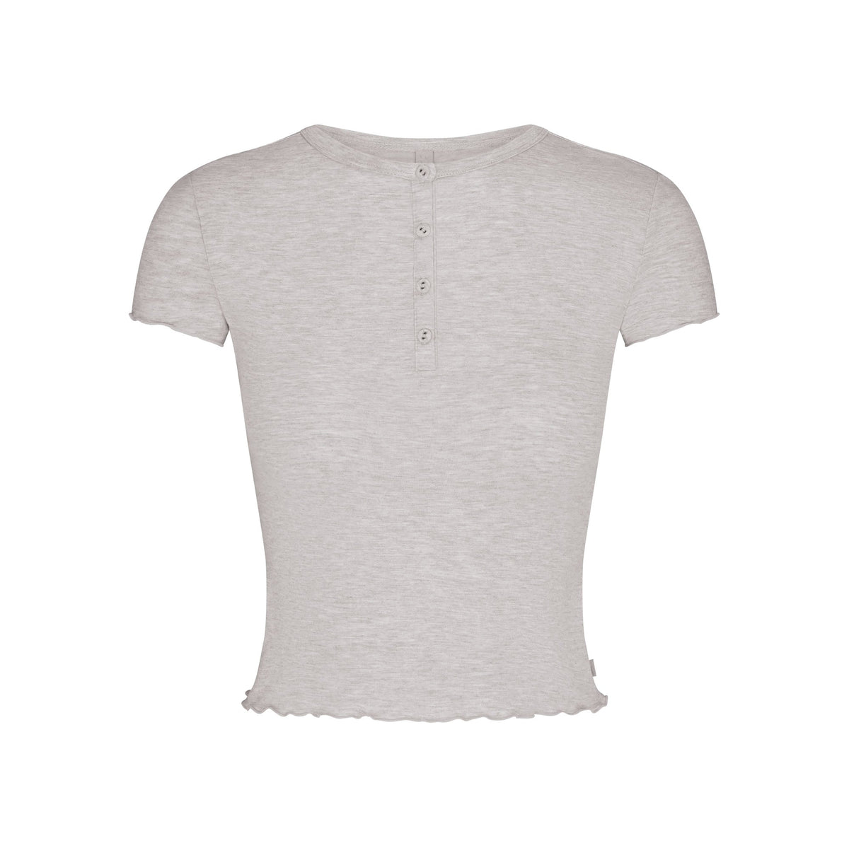 SKIMS SLEEP HENLEY AND FOLDOVER SHORT SET | LIGHT HEATHER GREY FLAT ON A WHITE BACKGROUND | FLT
