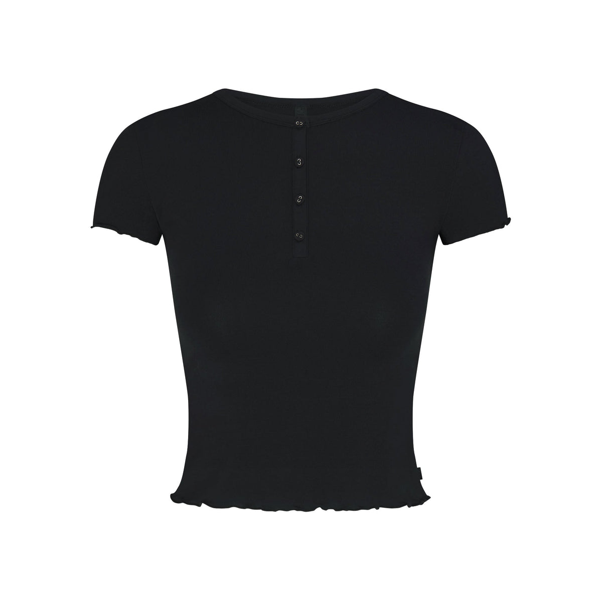 SKIMS SLEEP HENLEY AND FOLDOVER SHORT SET | ONYX FLAT ON A WHITE BACKGROUND | FLT