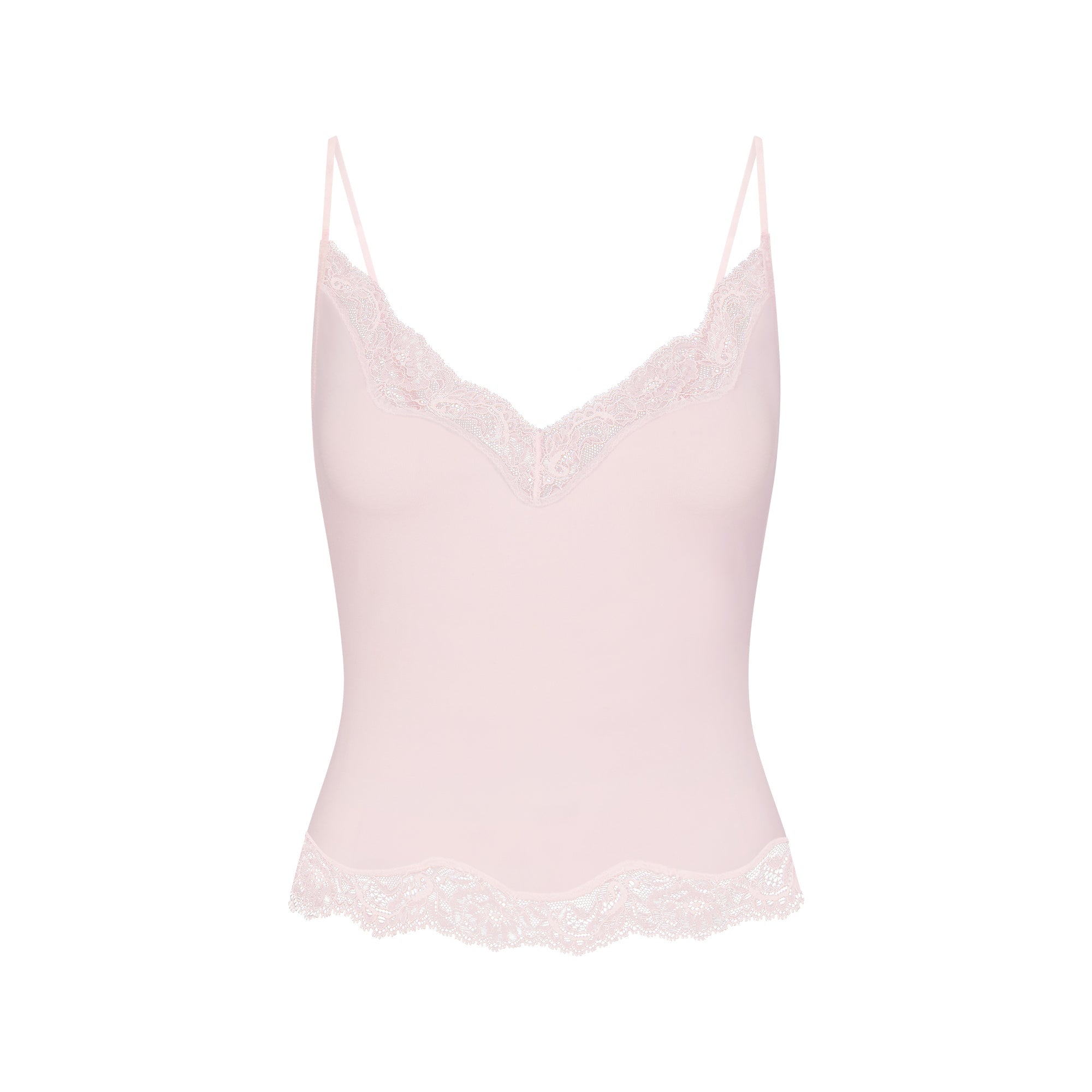 SKIMS SLEEP LACE CAMI AND PANT SET | BARELY PINK FLAT ON A WHITE BACKGROUND | FLT