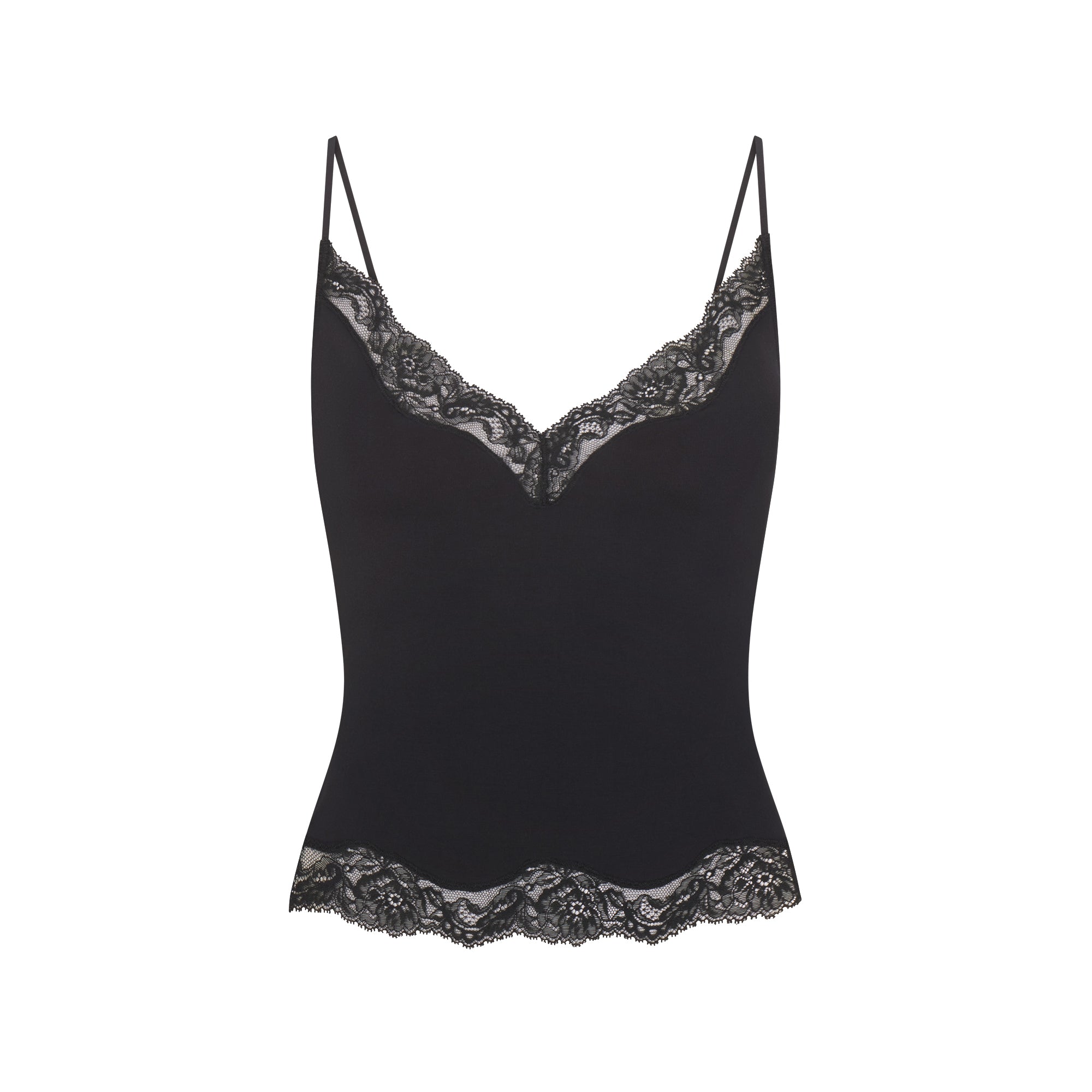 SKIMS SLEEP LACE CAMI AND PANT SET | ONYX FLAT ON A WHITE BACKGROUND | FLT