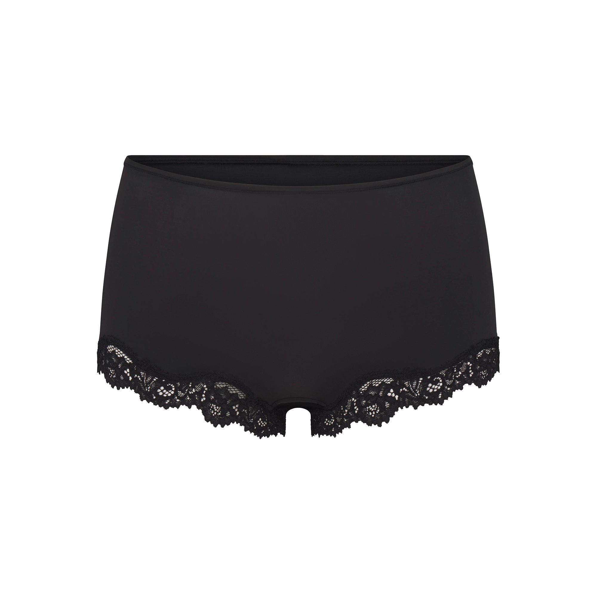 FITS EVERYBODY LACE TRIANGLE CAMI AND BOY SHORT SET | ONYX ON A MODEL FRONT VIEW