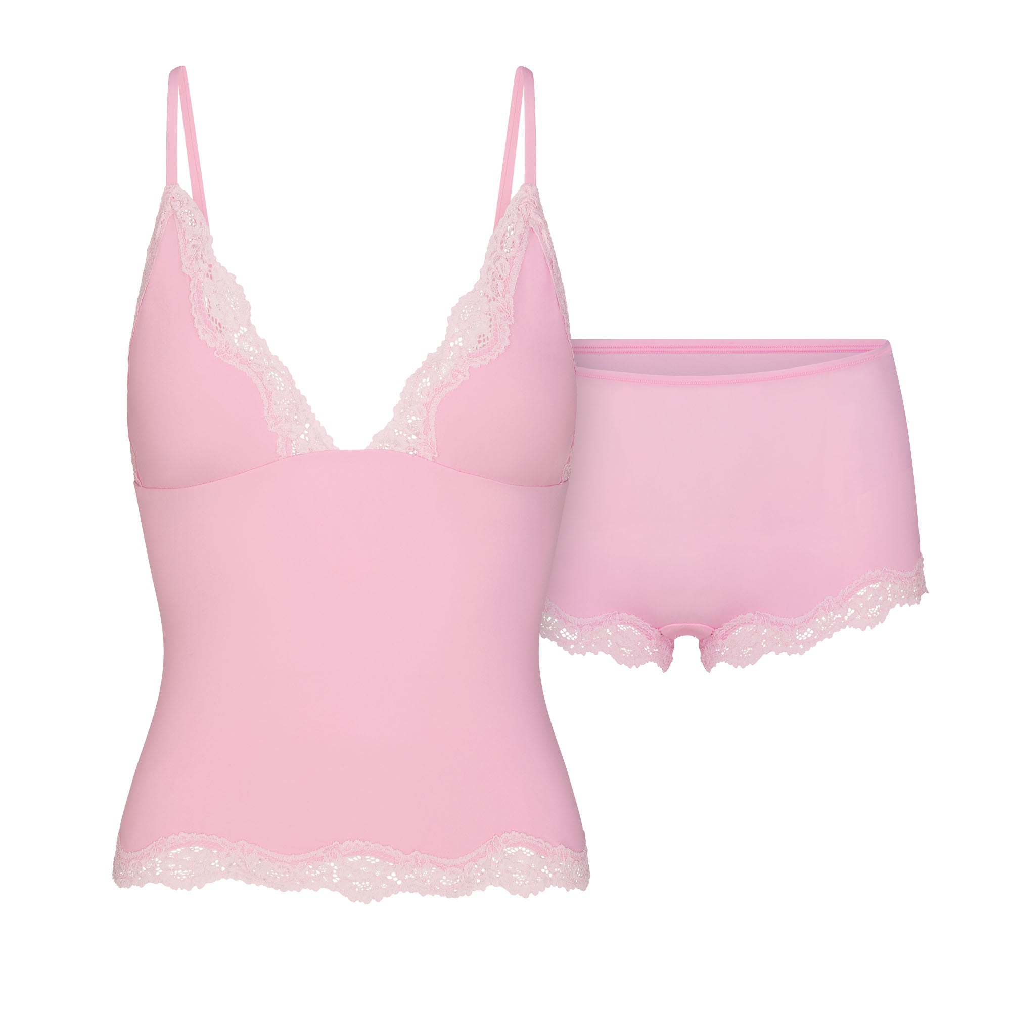 FITS EVERYBODY LACE TRIANGLE CAMI AND BOY SHORT SET | BUBBLEGUM TONAL FLAT ON A WHITE BACKGROUND | FLT