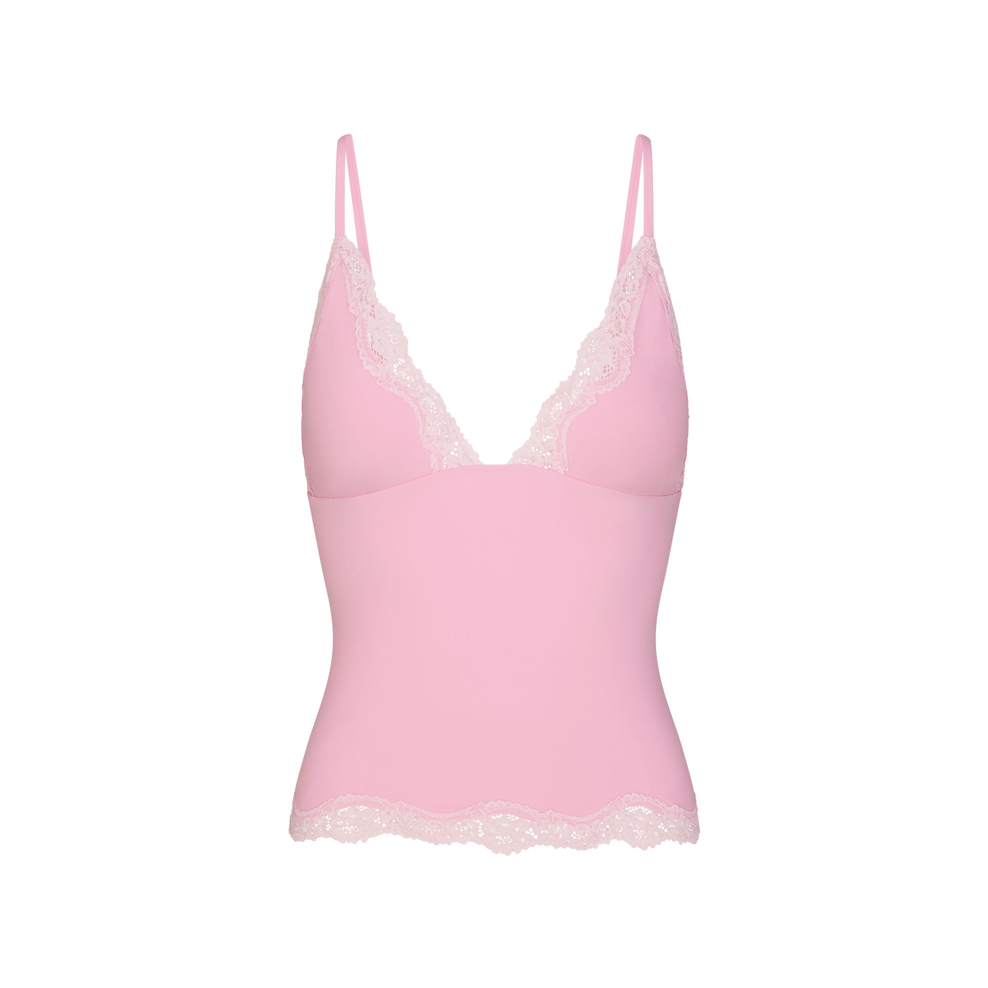FITS EVERYBODY LACE TRIANGLE CAMI AND BOY SHORT SET | BUBBLEGUM TONAL FLAT ON A WHITE BACKGROUND | FLT