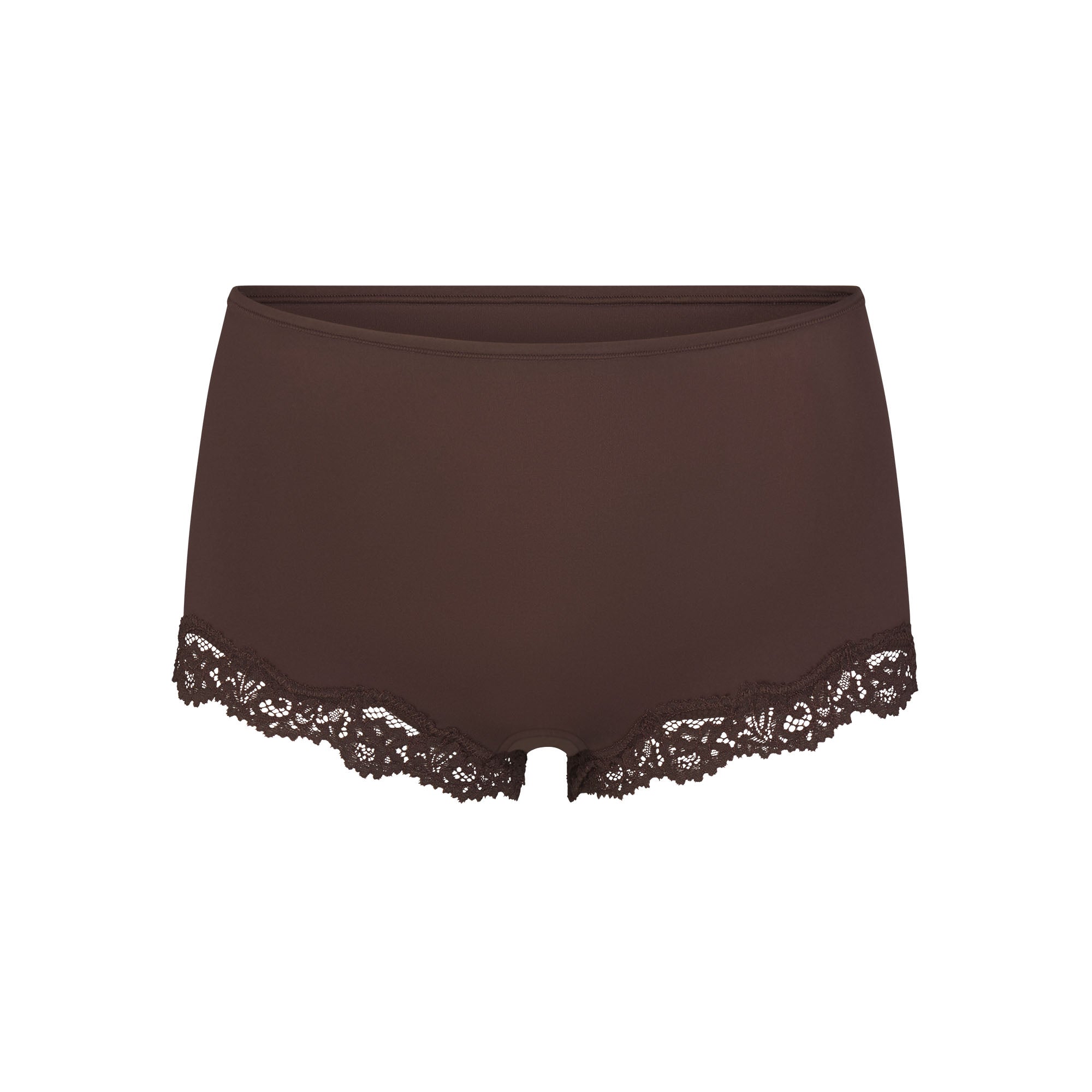 FITS EVERYBODY LACE TRIANGLE CAMI AND BOY SHORT SET | ESPRESSO FLAT ON A WHITE BACKGROUND | FLT