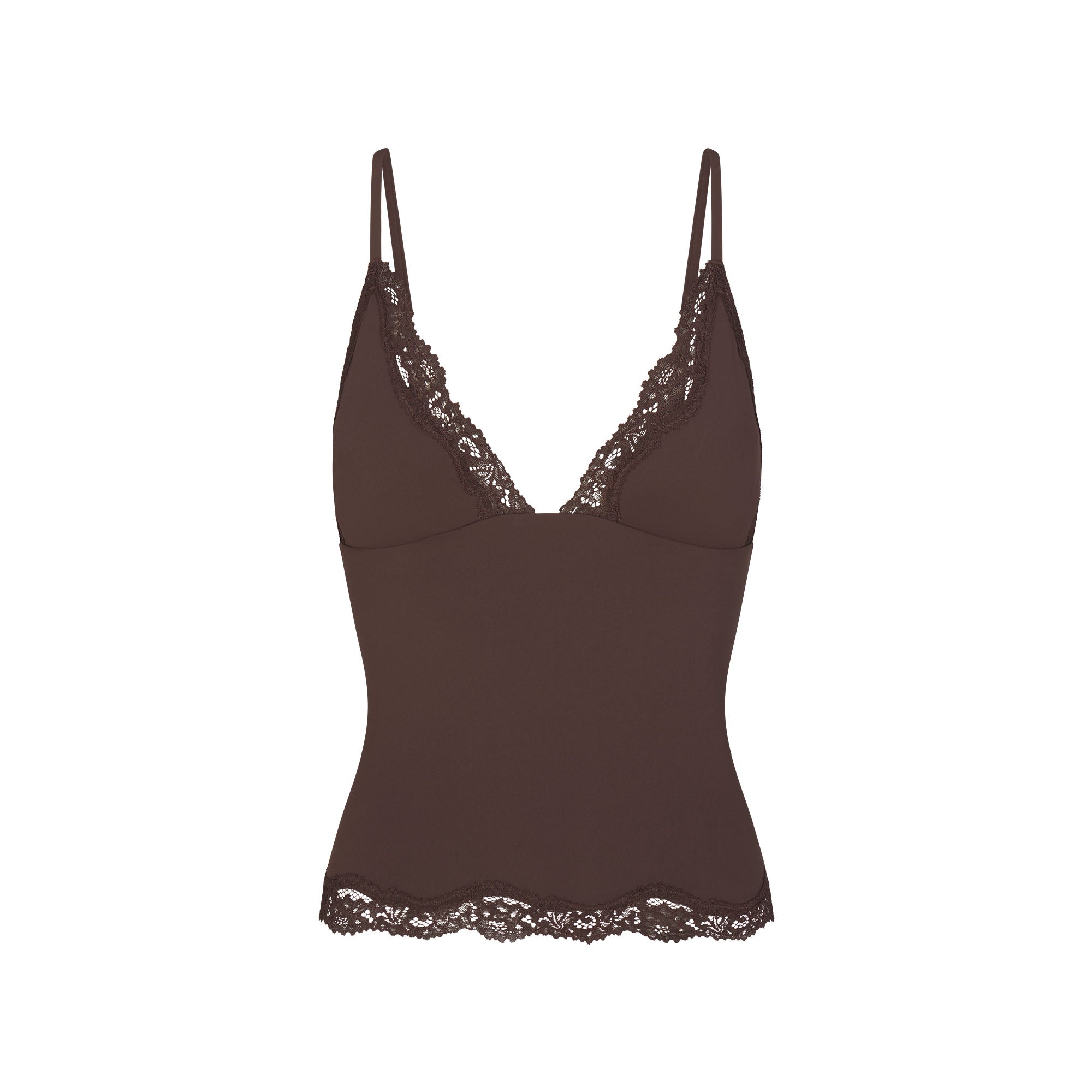 FITS EVERYBODY LACE TRIANGLE CAMI AND BOY SHORT SET | ESPRESSO FLAT ON A WHITE BACKGROUND | FLT