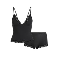 FITS EVERYBODY LACE TRIANGLE CAMI AND BOY SHORT SET | ONYX FLAT ON A WHITE BACKGROUND | FLT