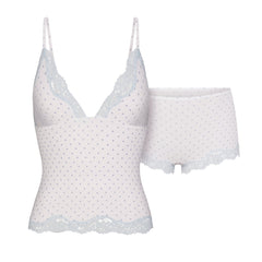 FITS EVERYBODY LACE TRIANGLE CAMI AND BOY SHORT SET | SLATE PIN DOT PRINT FLAT ON A WHITE BACKGROUND | FLT