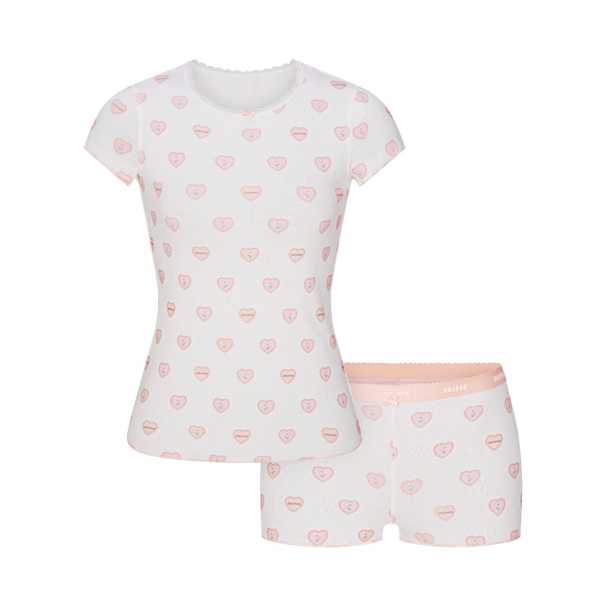 LOGO POINTELLE BABY TEE AND SHORT SET | SNOW LACE HEARTS FLAT ON A WHITE BACKGROUND | FLT