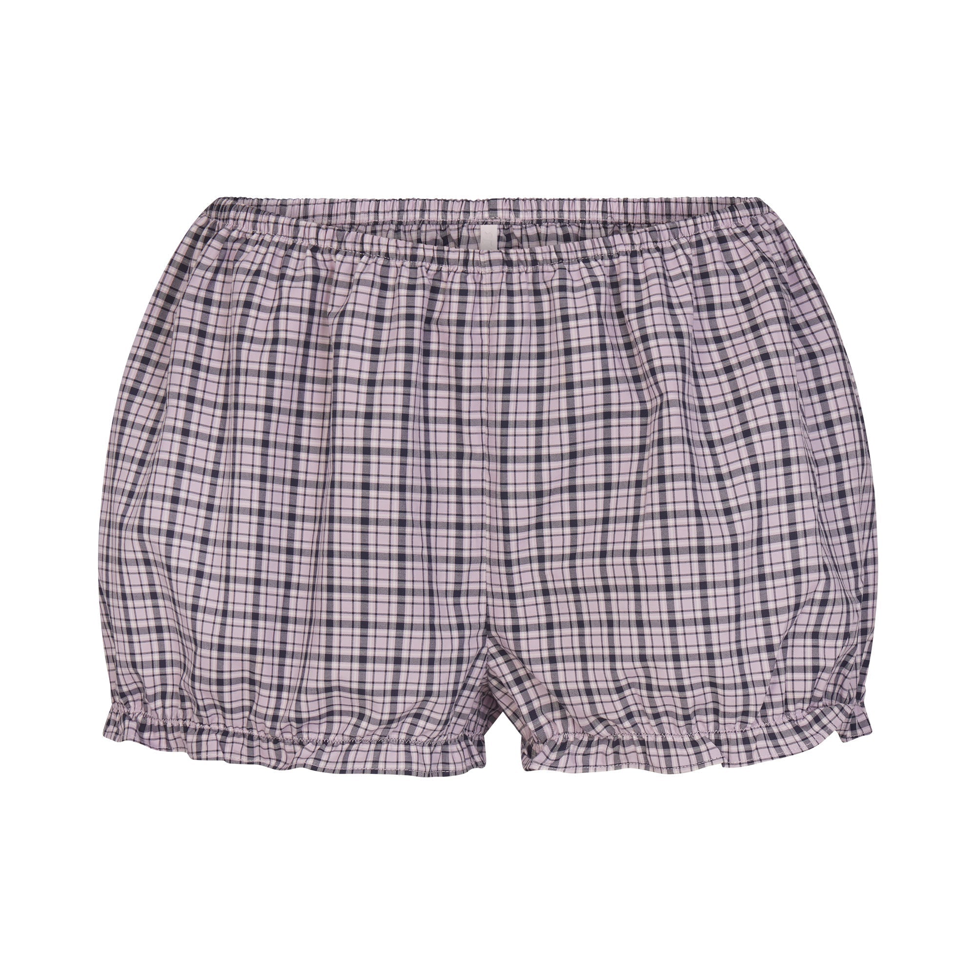 COTTON POPLIN SLEEP CROPPED BUTTON UP AND BLOOMER SET | IRIS MICA NAVY CHECK ON A MODEL | FOCUS: 0.0, 1.0, 0.9