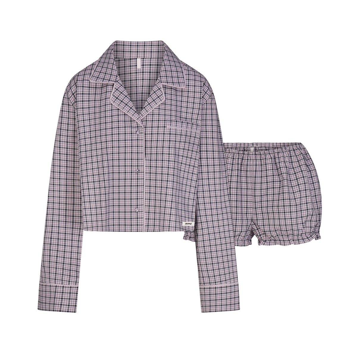 COTTON POPLIN SLEEP CROPPED BUTTON UP AND BLOOMER SET | IRIS MICA NAVY CHECK & LAYS FLAT ON A WHITE BACKGROUND | FLT