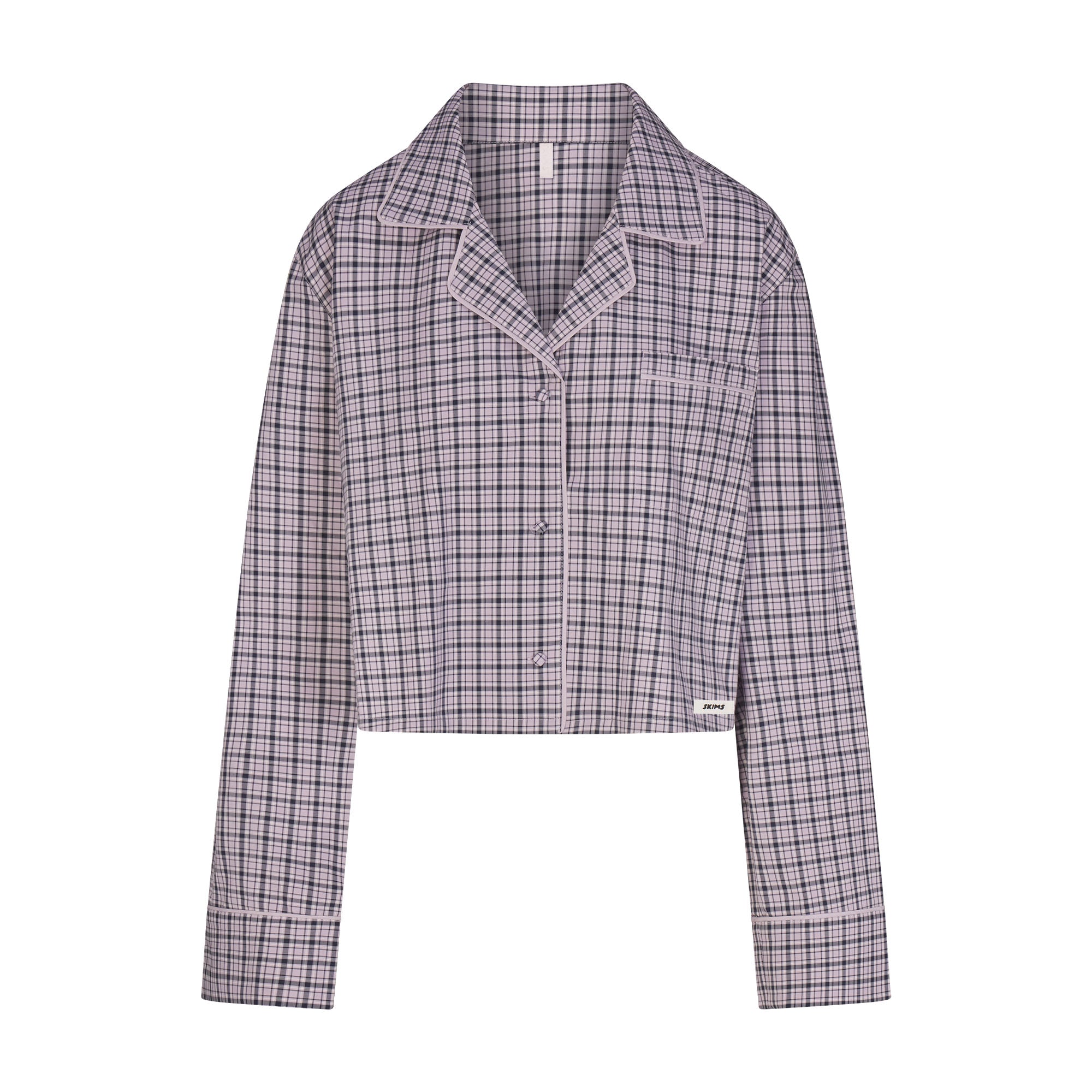 COTTON POPLIN SLEEP CROPPED BUTTON UP AND BLOOMER SET | IRIS MICA NAVY CHECK ON A MODEL | FOCUS: 0.0, 1.0, 0.9