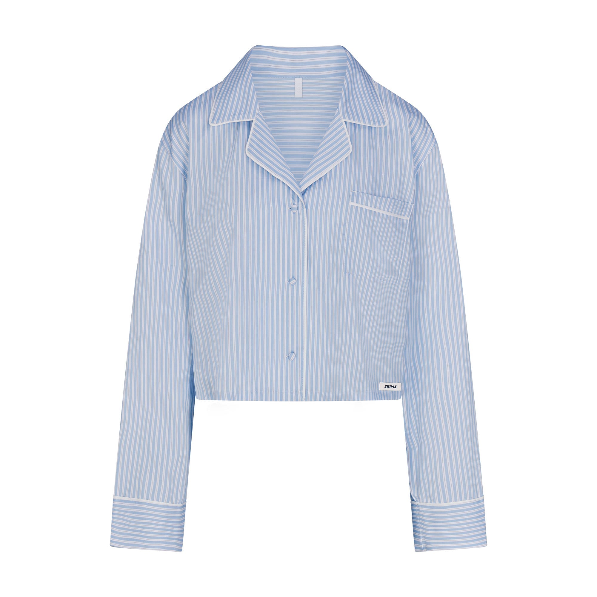COTTON POPLIN SLEEP CROPPED BUTTON UP AND BLOOMER SET | MARINA MESH STRIPE ON A MODEL | FOCUS: 0.0, 1.0, 0.9