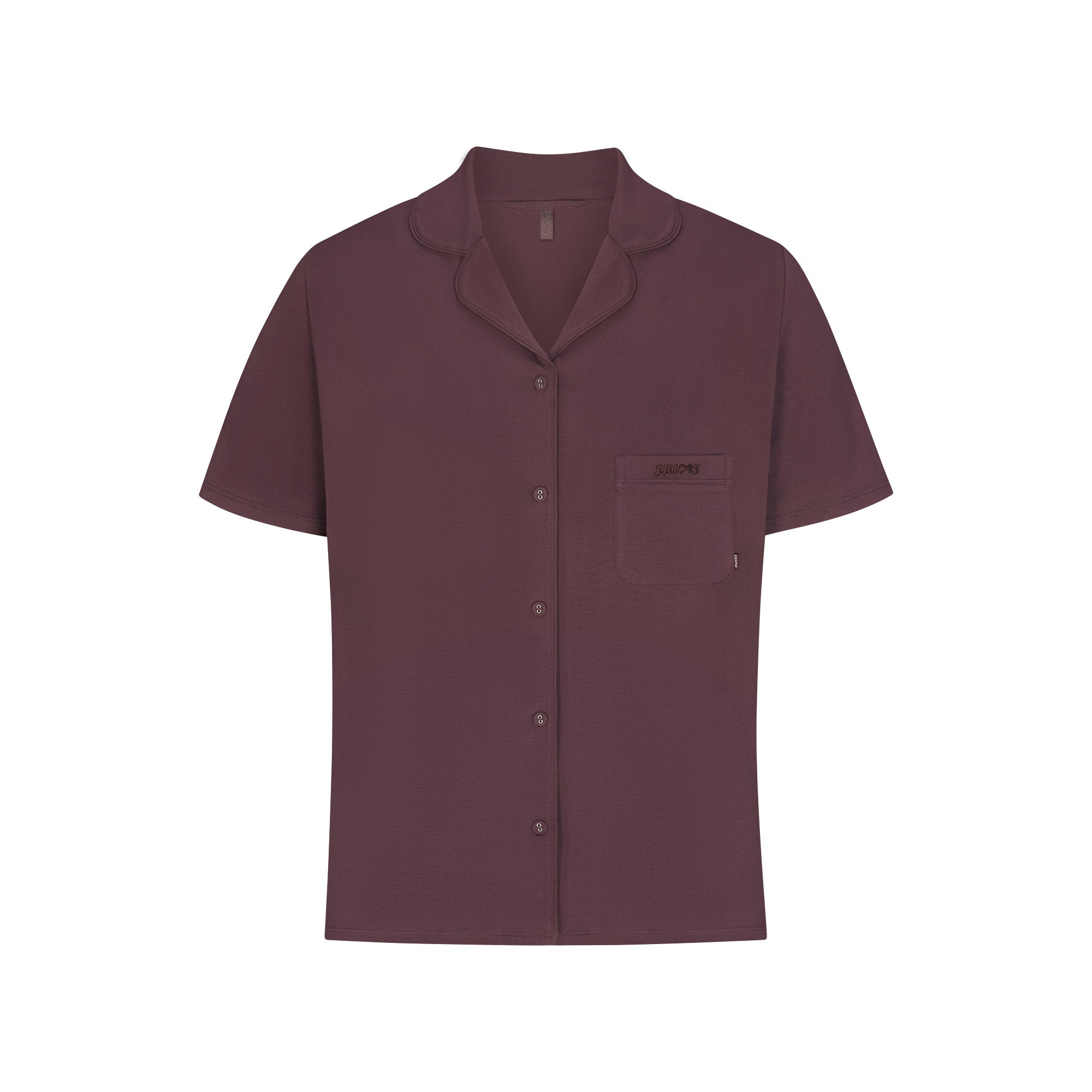 SKIMS SLEEP SHORT SLEEVE BUTTON UP SET | RAISIN FLAT ON A WHITE BACKGROUND | FLT