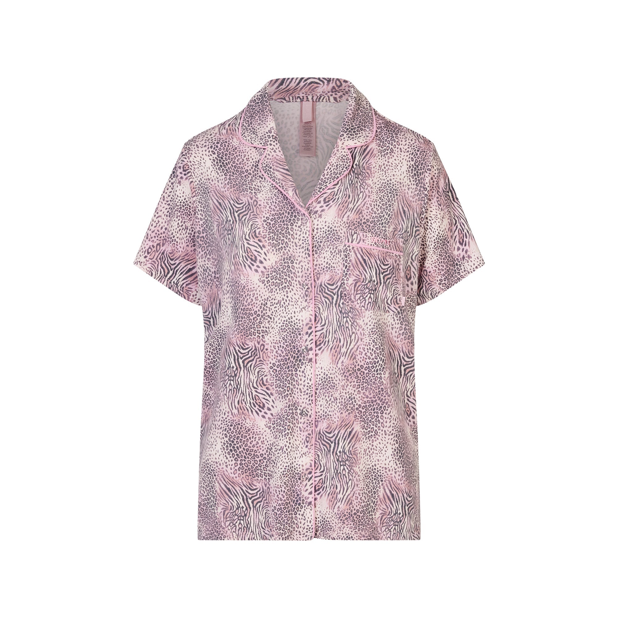 SKIMS SLEEP SHORT SLEEVE BUTTON UP SET | BLOOM MINI MULTI ANIMAL FLAT ON A WHITE BACKGROUND | FLT