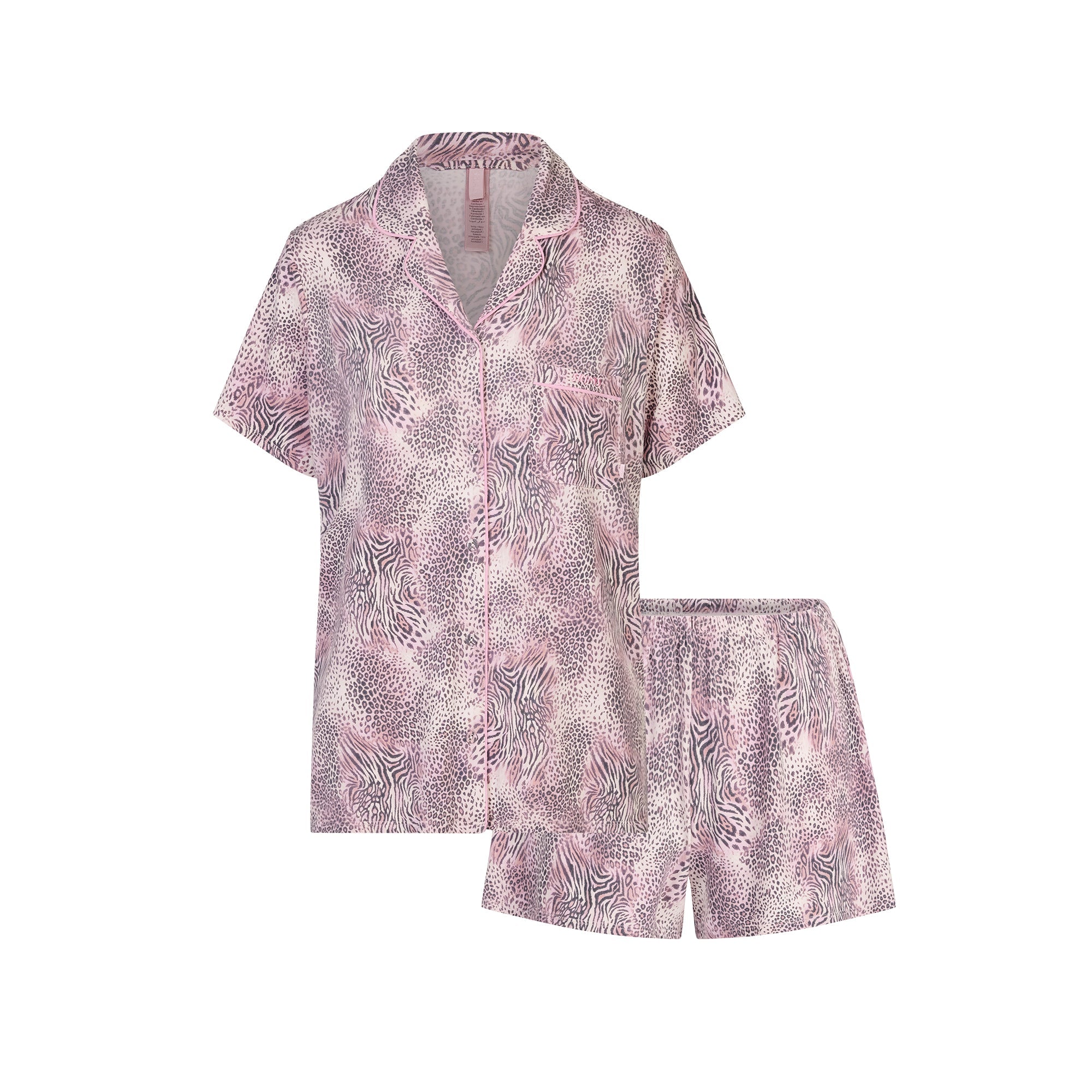 SKIMS SLEEP SHORT SLEEVE BUTTON UP SET | BLOOM MINI MULTI ANIMAL FLAT ON A WHITE BACKGROUND | FLT