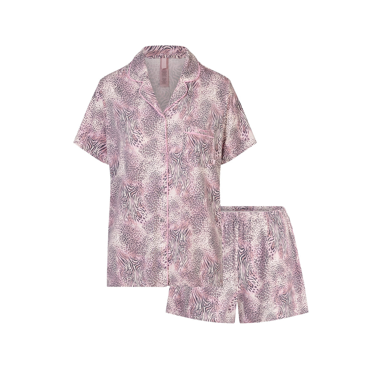 SKIMS SLEEP SHORT SLEEVE BUTTON UP SET | BLOOM MINI MULTI ANIMAL FLAT ON A WHITE BACKGROUND | FLT