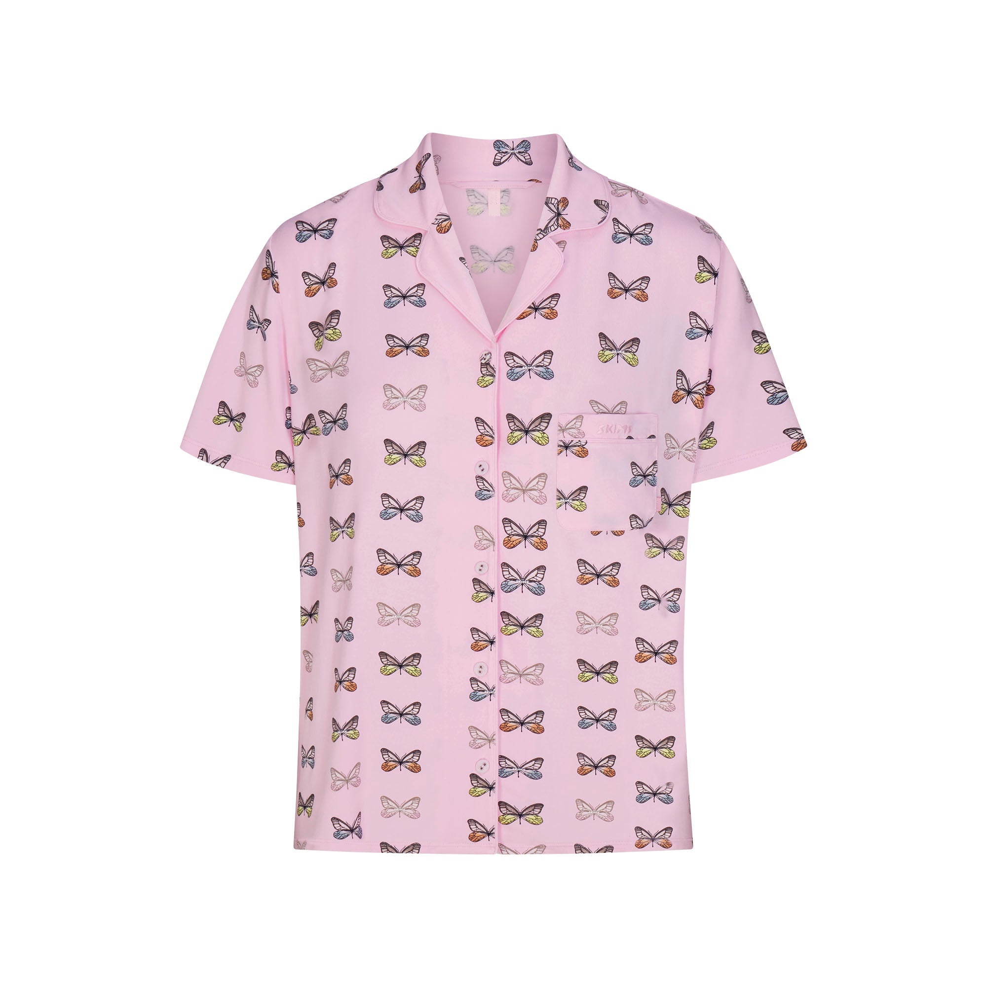 SKIMS SLEEP SHORT SLEEVE BUTTON UP SET | PEONY BUTTERFLY PRINT FLAT ON A WHITE BACKGROUND | FLT