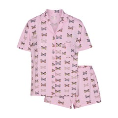 SKIMS SLEEP SHORT SLEEVE BUTTON UP SET | PEONY BUTTERFLY PRINT FLAT ON A WHITE BACKGROUND | FLT