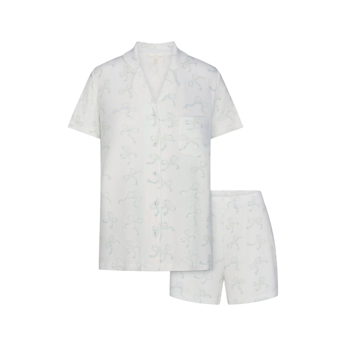 SOFT LOUNGE SHORT SLEEP SET | IVORY PEARL BOWS PRINT LAYS FLAT ON A WHITE BACKGROUND | FLT 