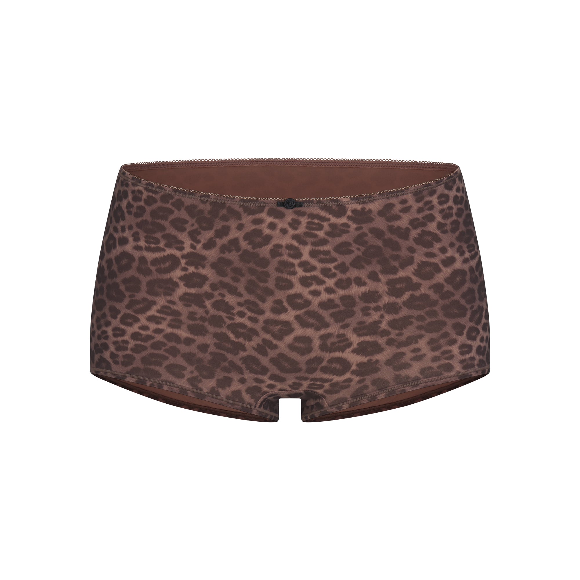 FITS EVERYBODY PICOT CAMI AND BOY SHORT SET | UMBER LEOPARD PRINT FLAT ON A WHITE BACKGROUND | FLT