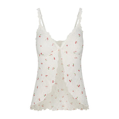 STRETCH LACE BABYDOLL TOP | IVORY CHERRY PRINT FLAT ON A WHITE BACKGROUND | FLT