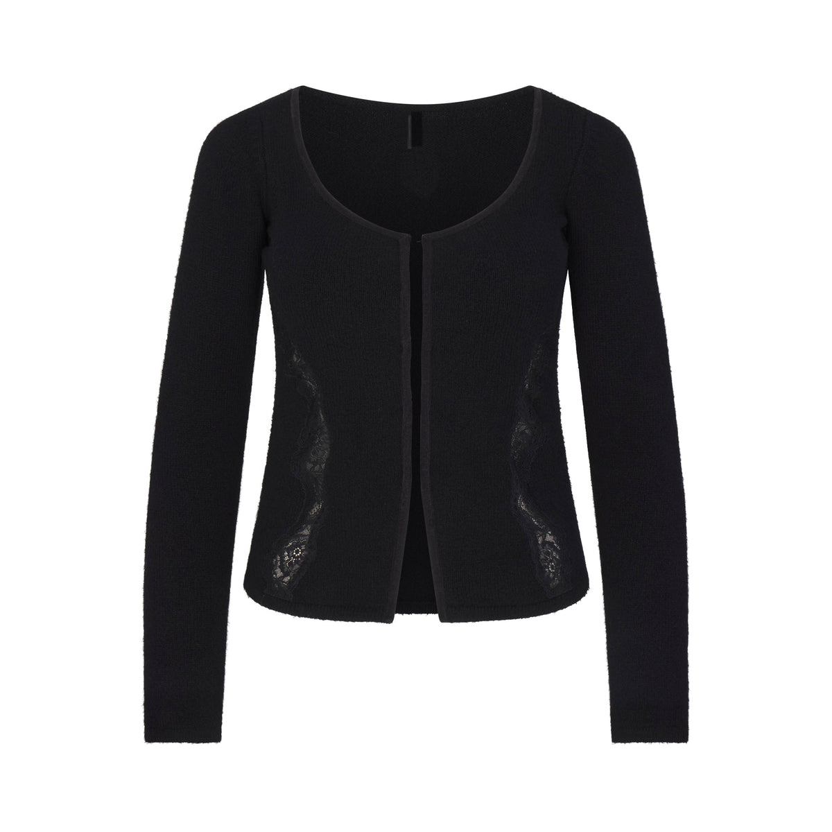 LACE KNIT LONG SLEEVE CARDIGAN | OBSIDIAN FLAT ON A WHITE BACKGROUND | FLT