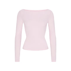 COTTON JERSEY LONG SLEEVE BOATNECK TOP | CHERRY BLOSSOM FLAT ON A WHITE BACKGROUND | FLT
