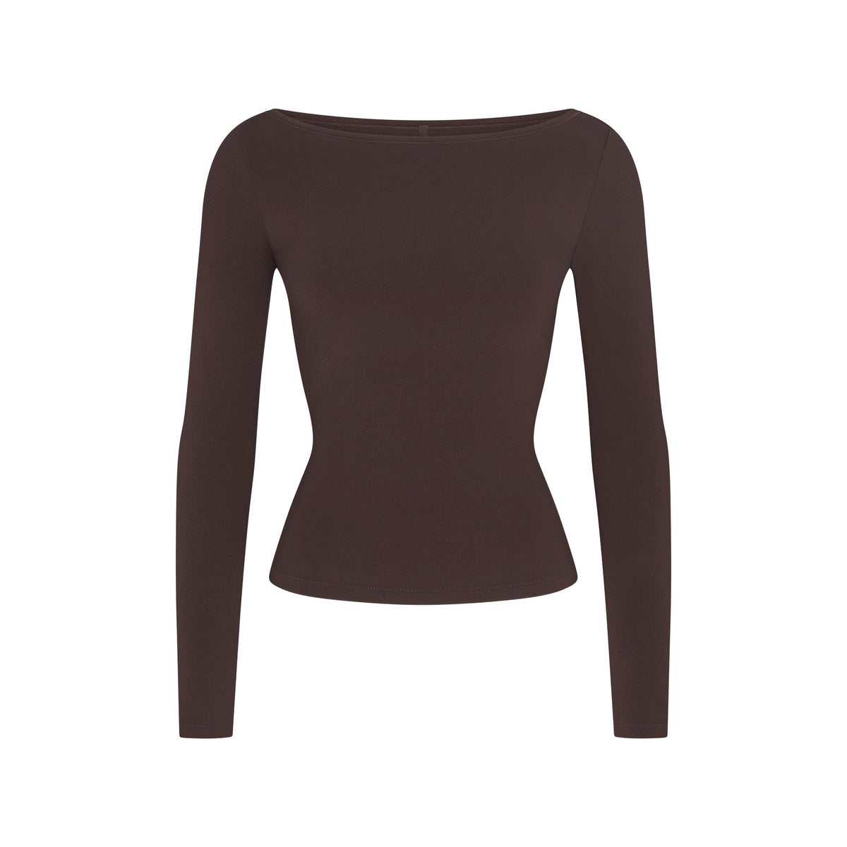 COTTON JERSEY LONG SLEEVE BOATNECK TOP | ESPRESSO FLAT ON A WHITE BACKGROUND | FLT
