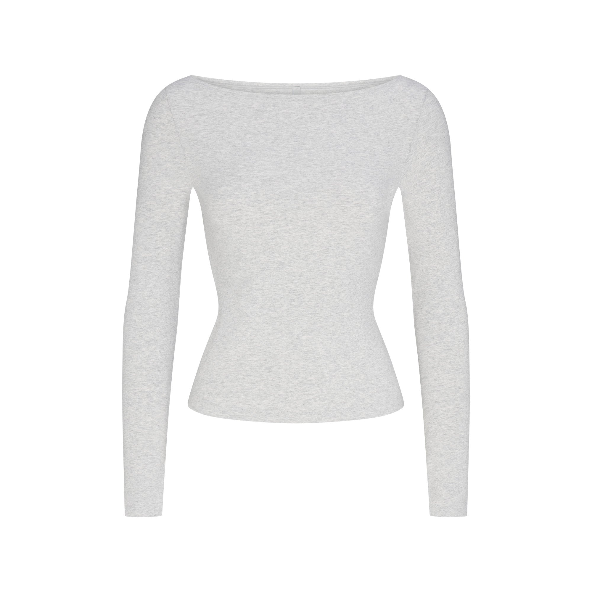 COTTON JERSEY LONG SLEEVE BOATNECK TOP | LIGHT HEATHER GREY FLAT ON A WHITE BACKGROUND | FLT