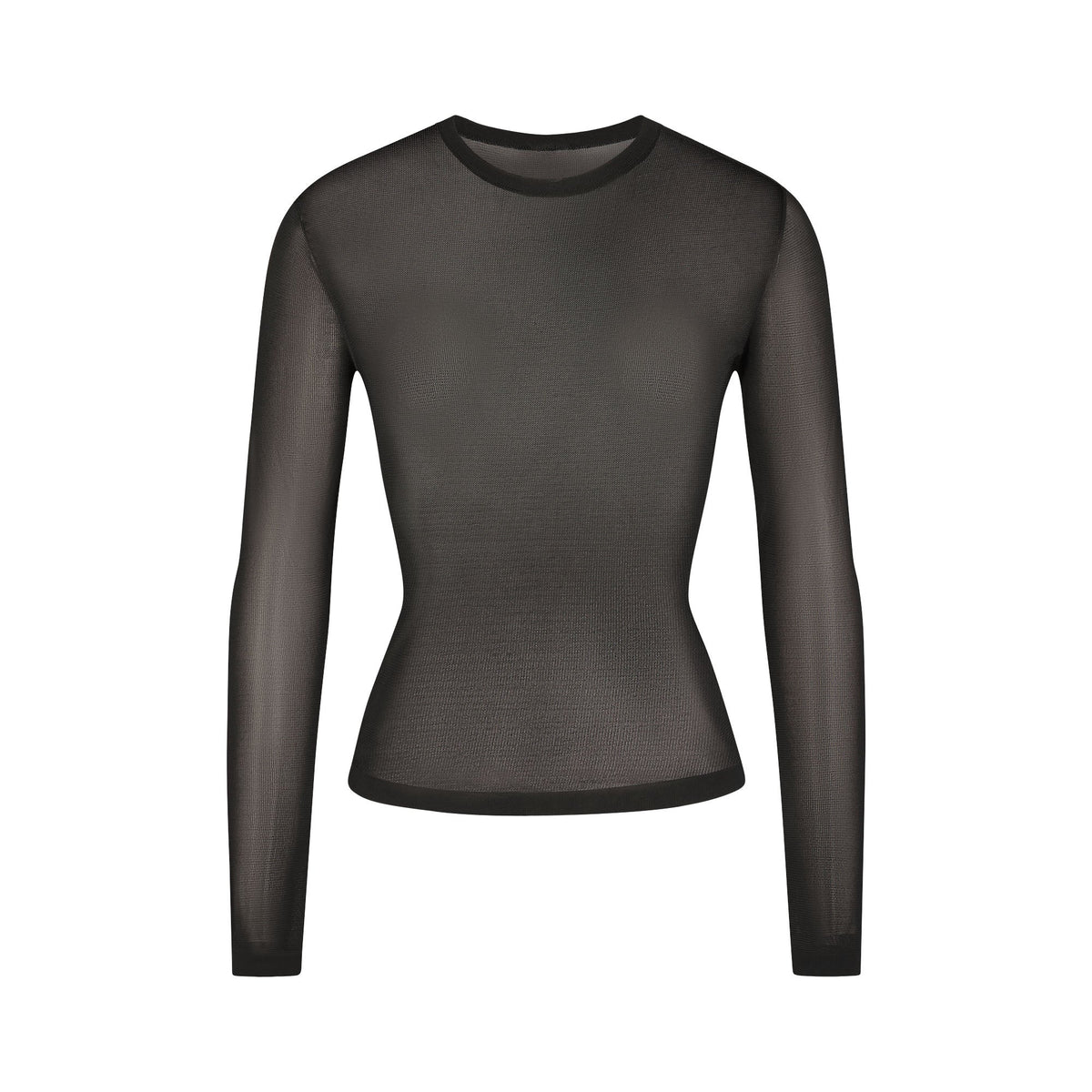 SLINKY KNIT CREW NECK LONG SLEEVE TOP | OBSIDIAN FLAT ON A WHITE BACKGROUND | FLT