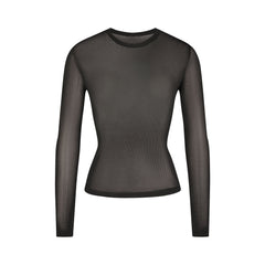 SLINKY KNIT CREW NECK LONG SLEEVE TOP | OBSIDIAN FLAT ON A WHITE BACKGROUND | FLT