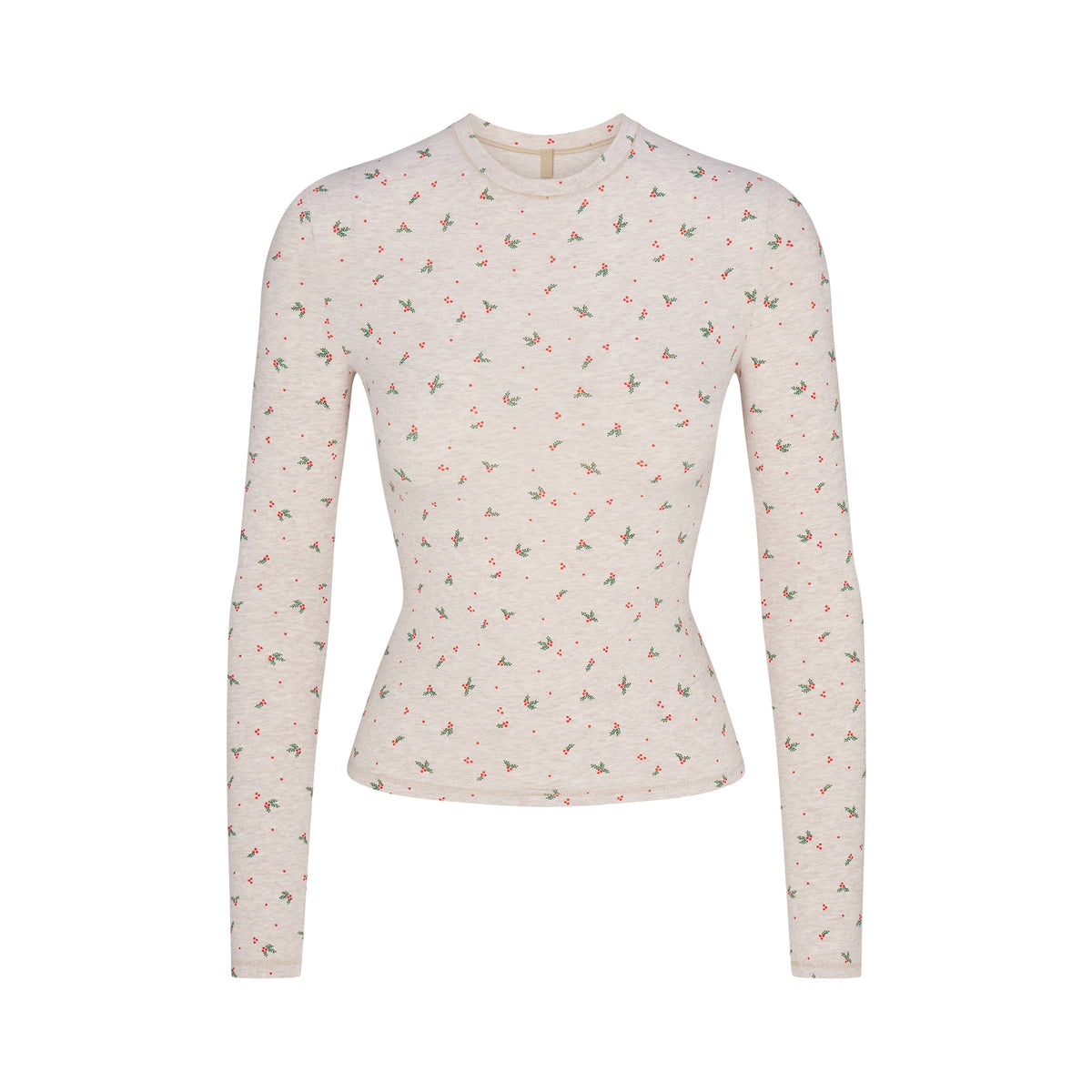 COTTON JERSEY LONG SLEEVE T-SHIRT | OATMEAL HEATHER HOLLY PRINT FLAT ON A WHITE BACKGROUND | FLT