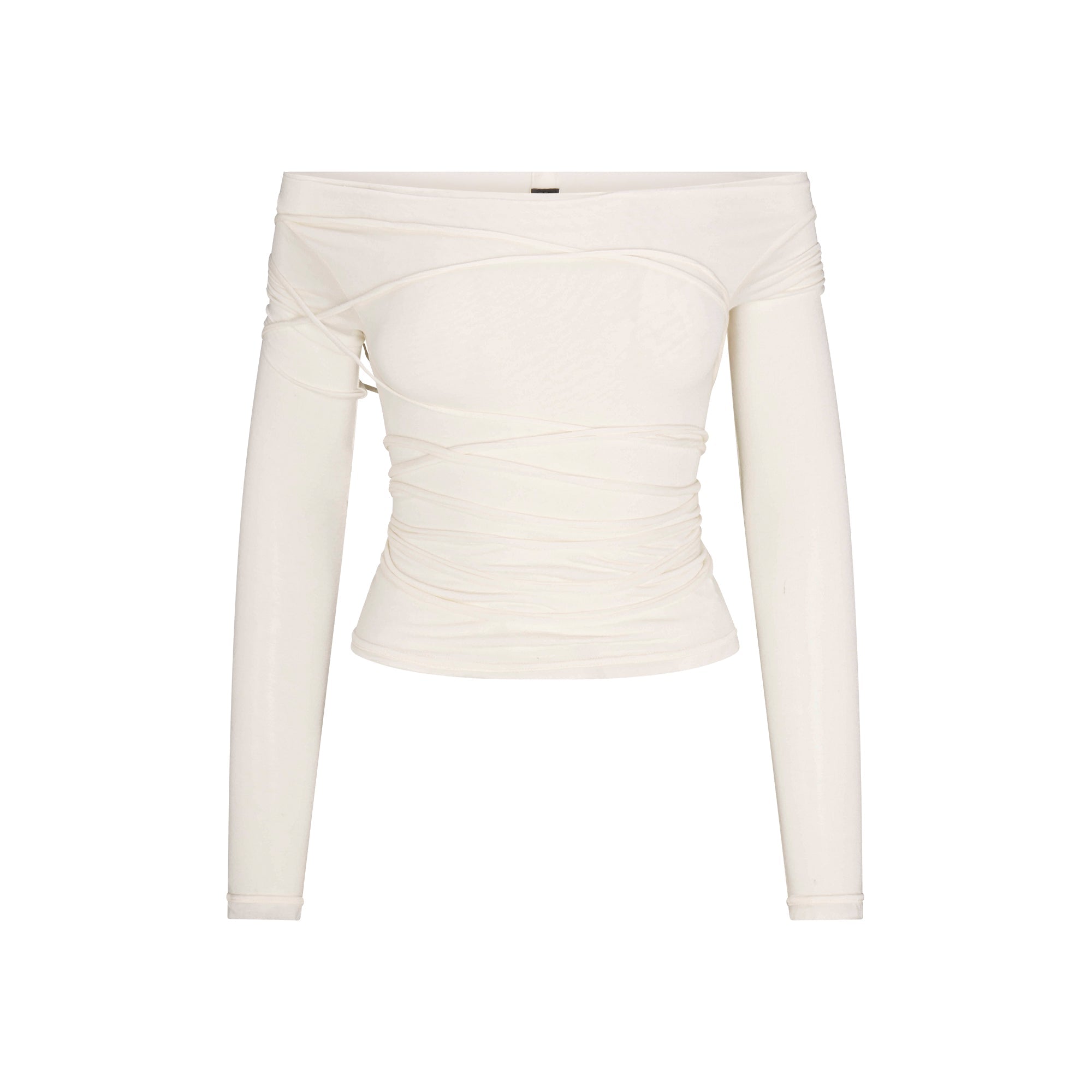 SHEER MODAL OFF THE SHOULDER LONG SLEEVE TOP | ECRU FLAT ON A WHITE BACKGROUND | FLT
