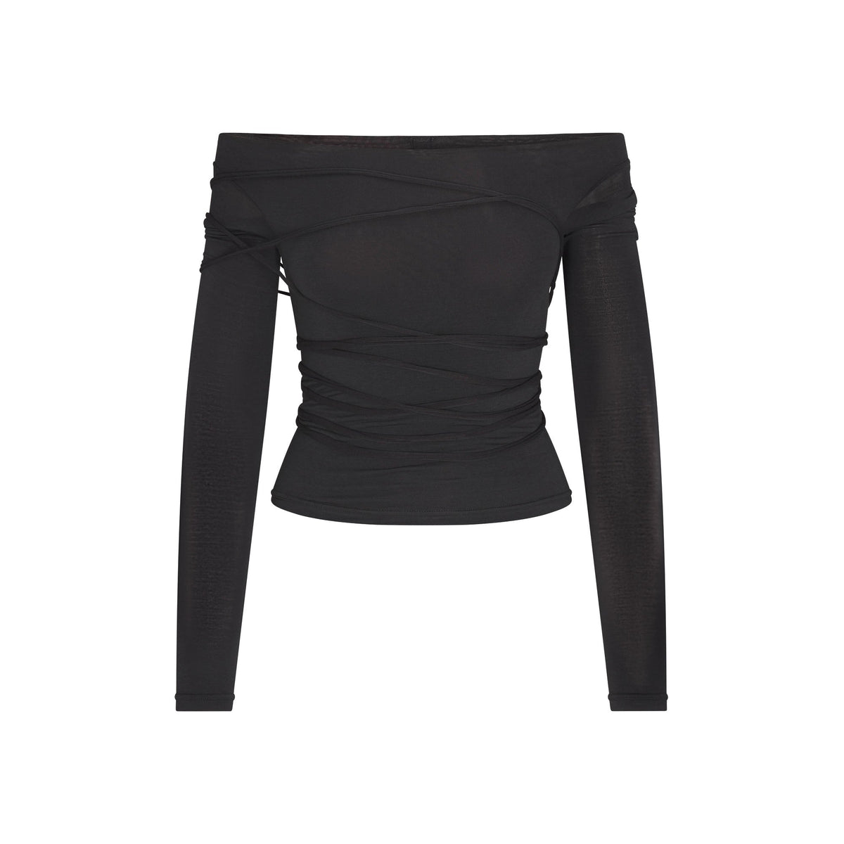SHEER MODAL OFF THE SHOULDER LONG SLEEVE TOP | ONYX FLAT ON A WHITE BACKGROUND | FLT