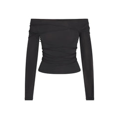 SHEER MODAL OFF THE SHOULDER LONG SLEEVE TOP | ONYX FLAT ON A WHITE BACKGROUND | FLT