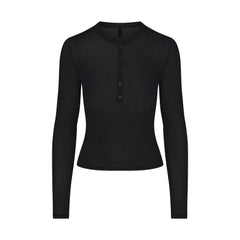 SHEER MODAL CREW NECK HENLEY | ONYX FLAT ON A WHITE BACKGROUND | FLT
