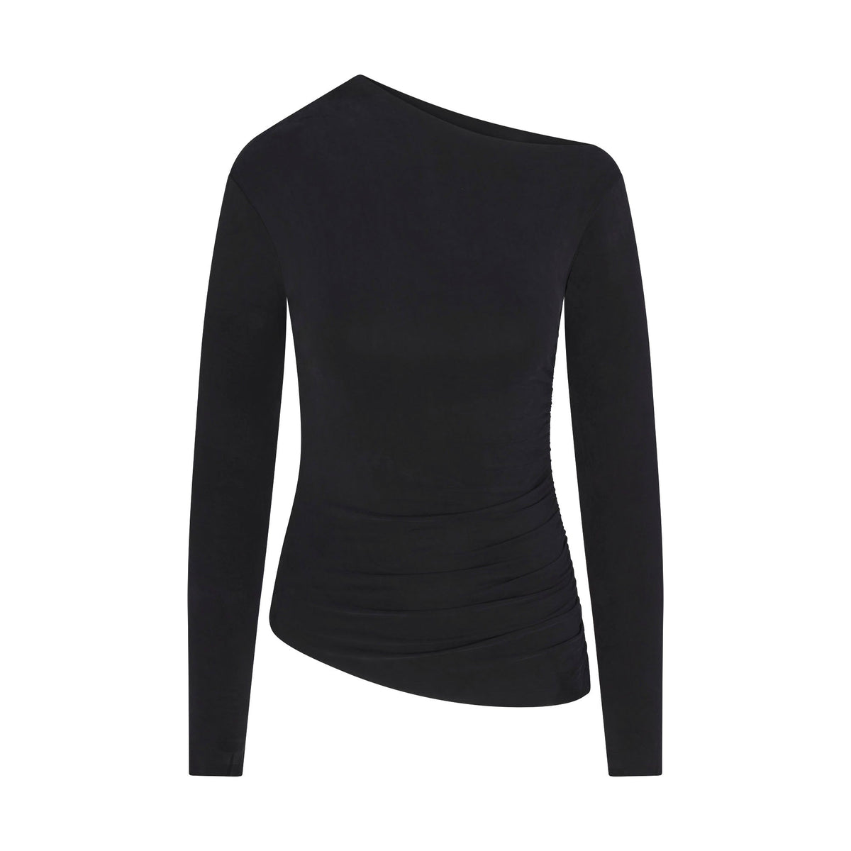 CUPRO JERSEY ASYMMETRICAL TOP | OBSIDIAN FLAT ON A WHITE BACKGROUND | FLT