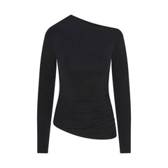 CUPRO JERSEY ASYMMETRICAL TOP | OBSIDIAN FLAT ON A WHITE BACKGROUND | FLT