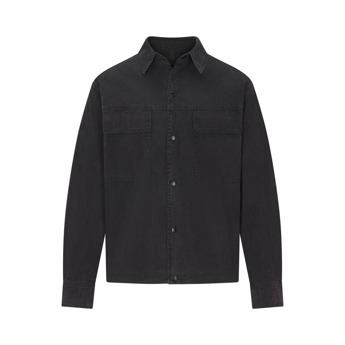 WOVEN MENS BUTTON UP TOP | ONYX FLAT ON A WHITE BACKGROUND | FLT
