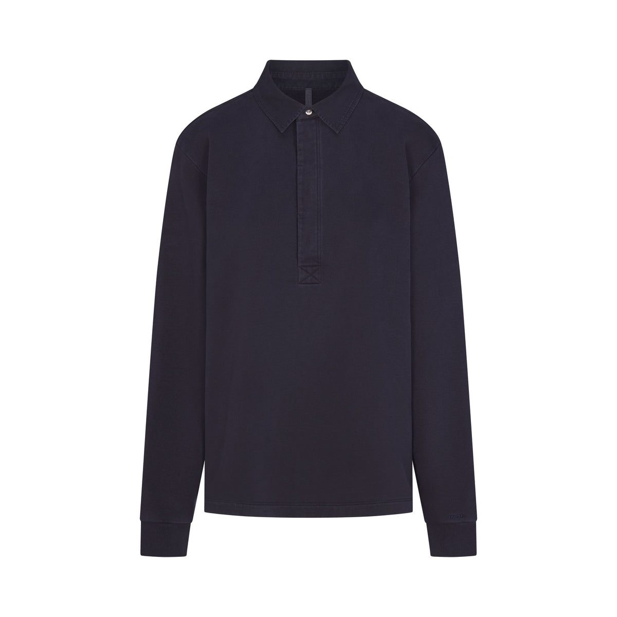 BOYFRIEND FLEECE OVERSIZED POLO  | BLUE BLACK & LAYS FLAT ON A WHITE BACKGROUND | FLT