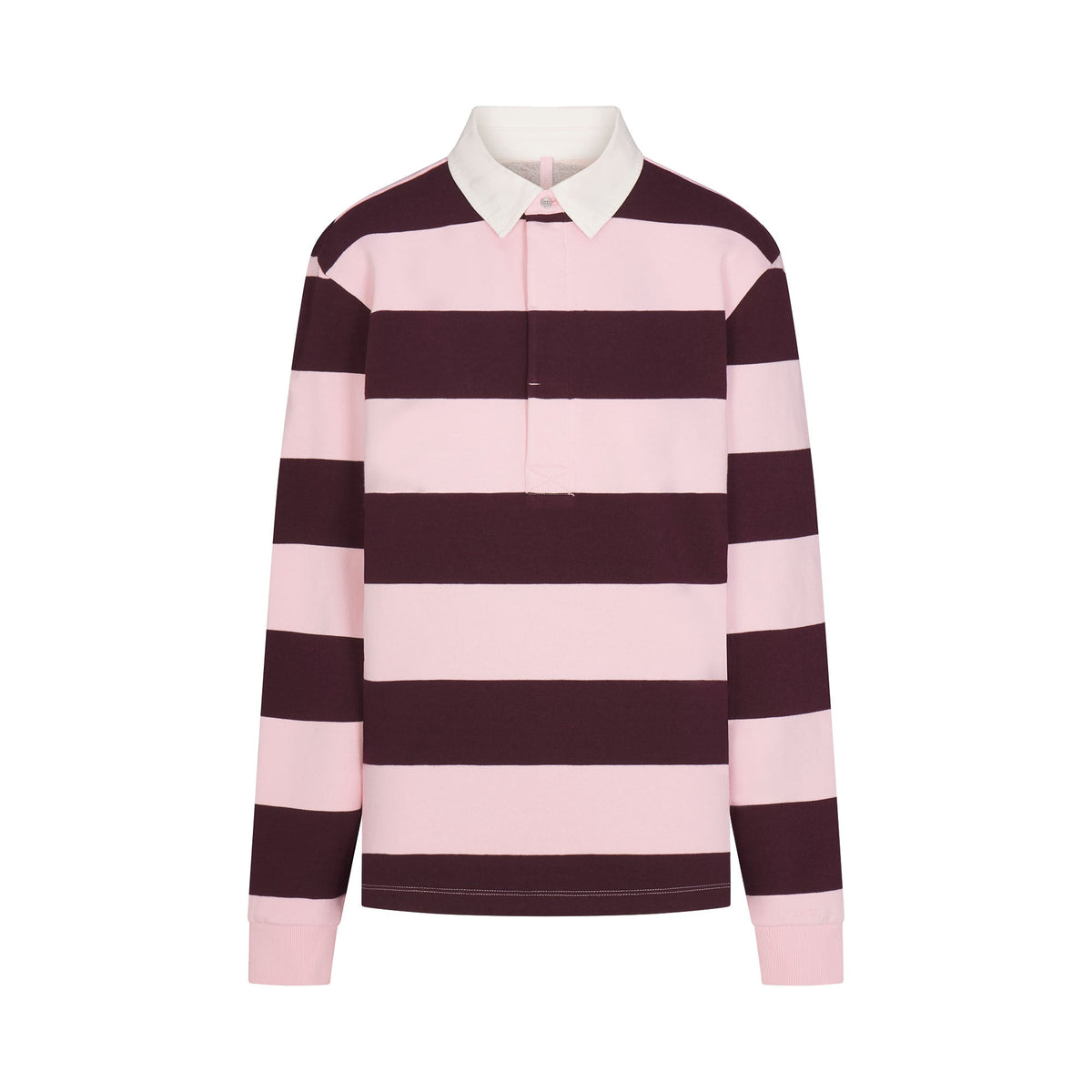 BOYFRIEND FLEECE OVERSIZED POLO | CURRANT RUGBY STRIPE & LAYS FLAT ON A WHITE BACKGROUND | FLT