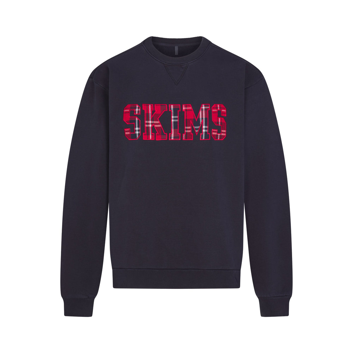 BOYFRIEND FLEECE OVERSIZED CREWNECK | BLUE BLACK SKIMS PLAID & LAYS FLAT ON A WHITE BACKGROUND | FLT