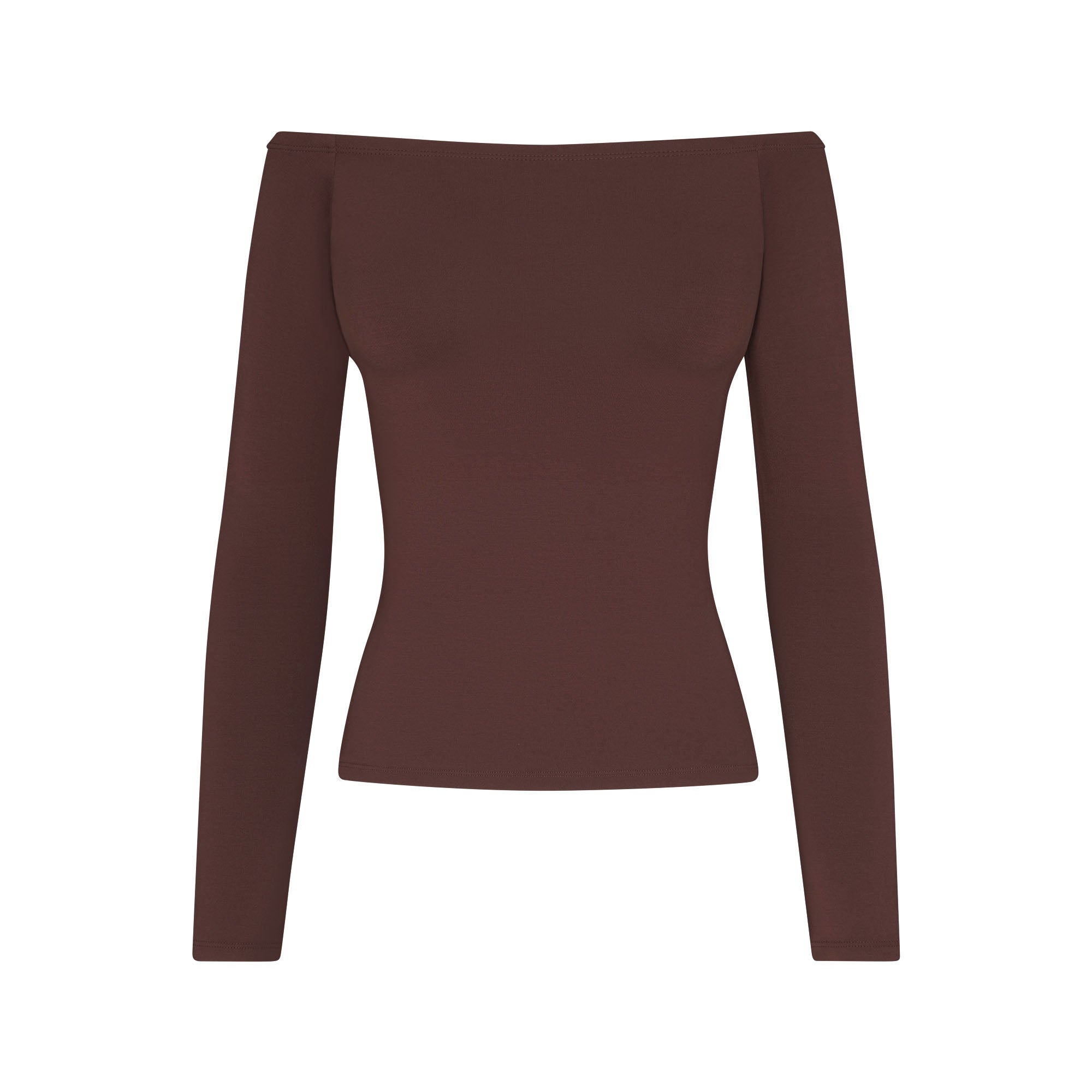 SMOOTH LAYERS OFF THE SHOULDER TOP | COCOA FLAT ON A WHITE BACKGROUND | FLT