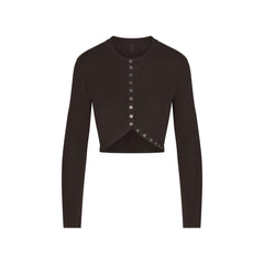 ESSENTIAL KNIT ROUNDED CROPPED CARDIGAN | ESPRESSO & LAYS FLAT ON A WHITE BACKGROUND | FLT