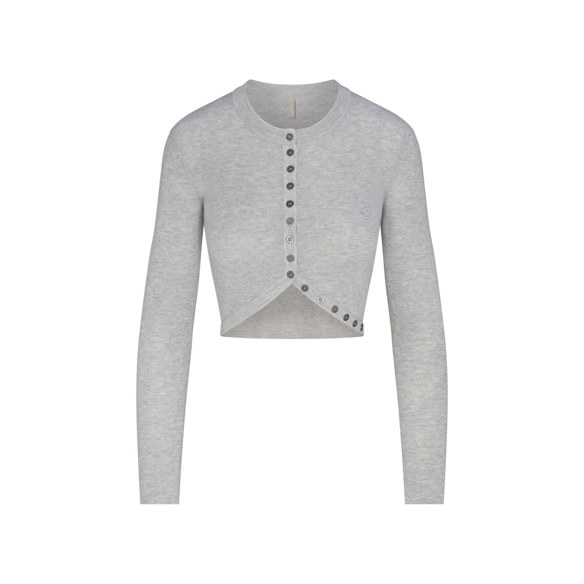 ESSENTIAL SWEATERS WRAP SWEATER | MID HEATHER GREY FLAT ON A WHITE BACKGROUND | FLT