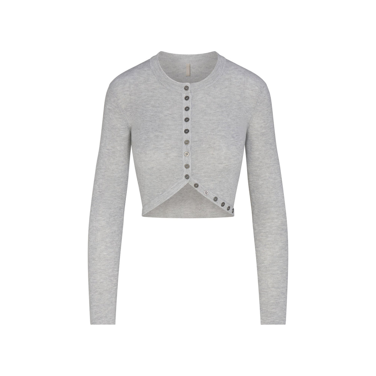 ESSENTIAL SWEATERS WRAP SWEATER | MID HEATHER GREY FLAT ON A WHITE BACKGROUND | FLT