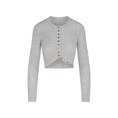 ESSENTIAL SWEATERS WRAP SWEATER | MID HEATHER GREY FLAT ON A WHITE BACKGROUND | FLT