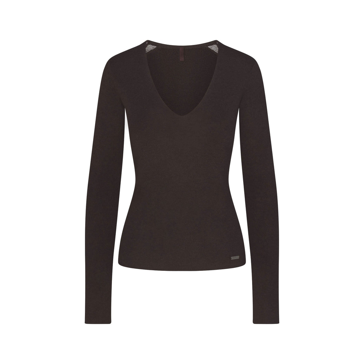 ESSENTIAL SWEATERS LONG SLEEVE V NECK | ESPRESSO FLAT ON A WHITE BACKGROUND | FLT