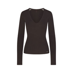 ESSENTIAL SWEATERS LONG SLEEVE V NECK | ESPRESSO FLAT ON A WHITE BACKGROUND | FLT